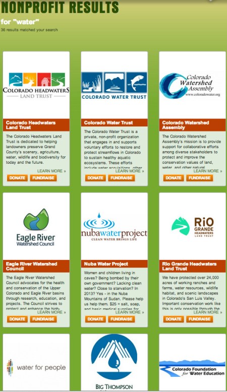 Search by "water" results from Colorado Gives Day website