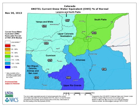 Colorado snow water equivalent as a percent of normal November 30, 2013