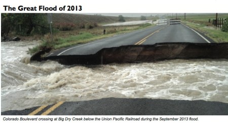 Colorado Boulevard crossing at Big Dry Creek below the Union Pacific Railroad during the September 2013 flood