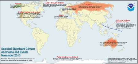November 2013 Selected Climate Anomalies and Events Map via NOAA