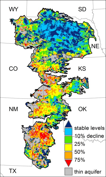 Significant portions of the Ogallala Aquifer, one of the largest bodies of water in the United States, are at risk of drying up if it continues to be drained at its current rate. Courtesy of MSU
