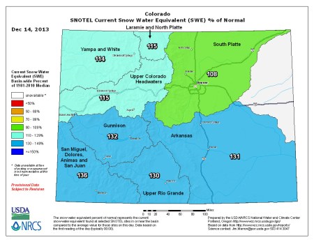 Statewide snowpack map percent of normal December 14, 2013 via the NRCS