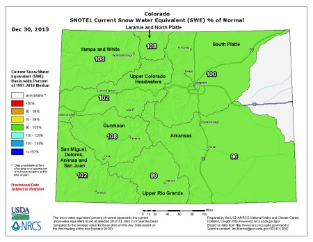 Snow Water Equivalent as a percent of normal via the NRCS