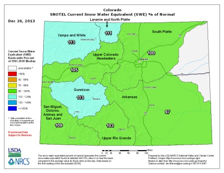Snow water equivalent as a percent of normal via the NRCS