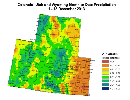 December 1-15 month to date precipitation Upper Colorado River Basin via Colorado Climate Center