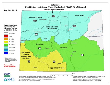 Snow water equivalent as a percent of normal January 20, 2014 via the NRCS