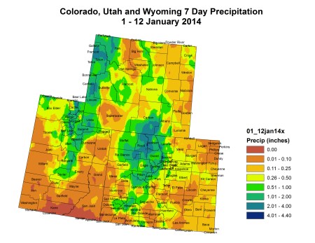 Upper Colorado River Basin precipitation month to date thru January 12, 2014 via the Colorado Climate Center