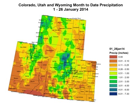 Upper Colorado River Basin month to date precipitation thru January 26, 2014