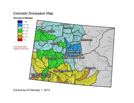February 1, 2014 snowpack by sub-basin via the NRCS