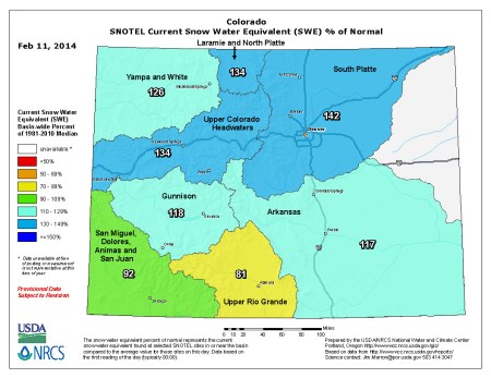 Snow Water Equivalent as a percent of normal February 11, 2014 via the NRCS