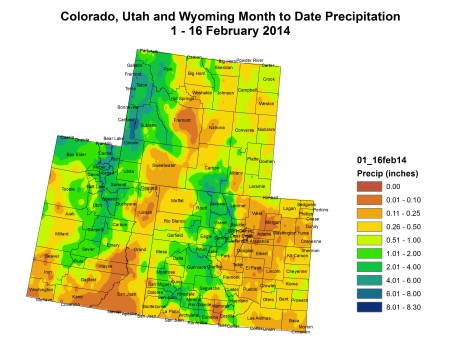 Upper Colorado River Basin February 16, 2014 month to date precipitation via the Colorado Climate Center