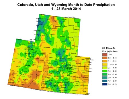 Upper Colorado River Basin March 1 - 23 month to date precipitation via the Colorado Climate Center