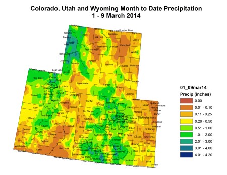 Upper Colorado River Basin month to date precipitation map March 1 thru March 9, 2014 via the Colorado Climate Center