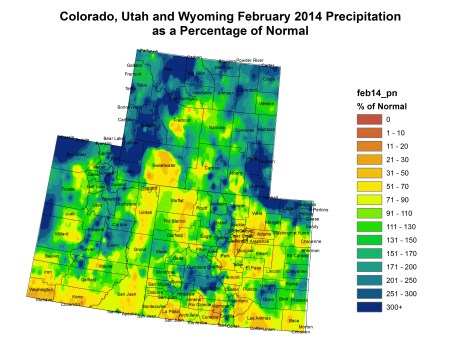 Upper Colorado River Basin February 2014 precipitation as a percent of normal