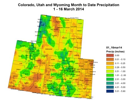 Upper Colorado River Basin month to date precipitation March 1-16, 2014 via the Colorado Climate Center