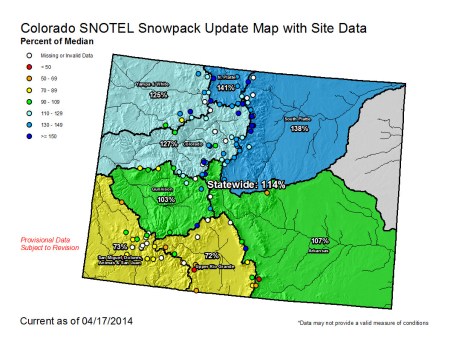 Statewide snowpack map April 17, 2014 via the NRCS