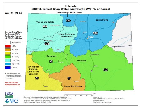 Statewide snow water equivalent as a percent of normal April 21, 2014 via the NRCS