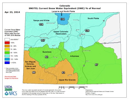 Statewide snow water equivalent as a percent of normal April 23, 2014 via the NRCS