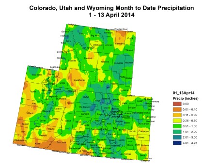 Upper Colorado River Basin month to date precipitation through April 13, 2014 via the Colorado Climate Center