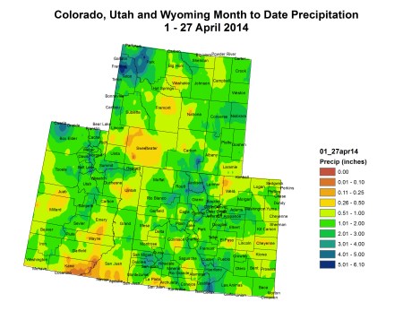 Upper Colorado River Basin month to date precipitation April 1 to April 27, 2014 via the Colorado Climate Center