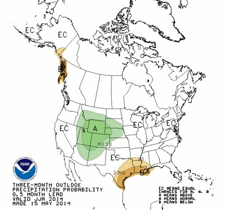 June, July, and August precipitation outlook via the Climate Prediction Center