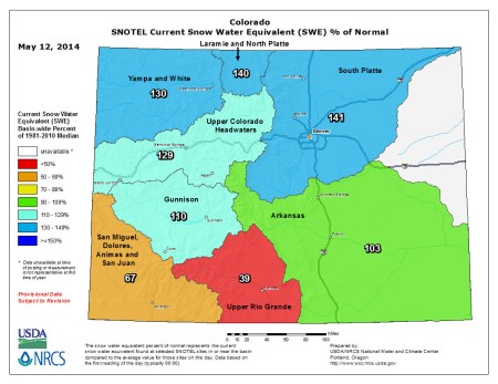 Snow water equivalent as a percent of normal May 12, 2014 via the NRCS