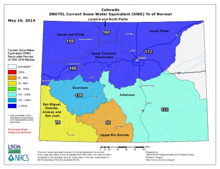 Statewide snow water equivalent as a percent of normal May 19, 2014 via the NRCS