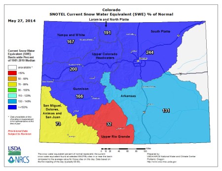 Statewide snow water equivalent as a percent of normal May 27, 2014 via the NRCS