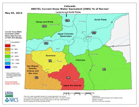 Statewide snow water equivalent as a percent of normal May 5, 2014 via the NRCS