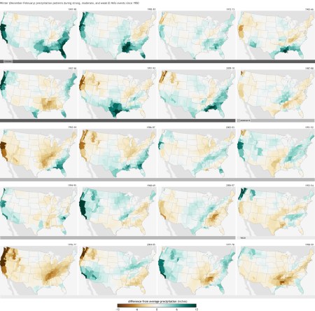 Figure 2. DIfference from average (1981-2010) winter precipitation (December-February) in each U.S. climate division during strong (dark gray bar), moderate (medium gray), and weak (light gray) El Niño events since 1950. Years are ranked based on the maximum seasonal ONI index value observed. During strong El Niño events, the Gulf Coast and Southeast are consistently wetter than average. Maps by NOAA Climate.gov, based on NCDC climate division data provided by the Physical Sciences Division at NOAA ESRL.