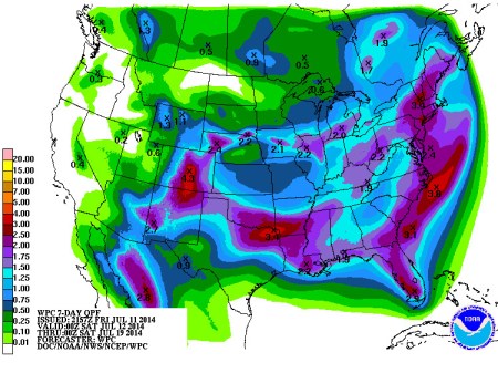 Seven day quantitative precipitation forecast July 11, 2014 via the Climate Prediction Center