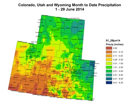 Upper Colorado River Basin month to date precipitation thru June 29 via the Colorado Climate Center