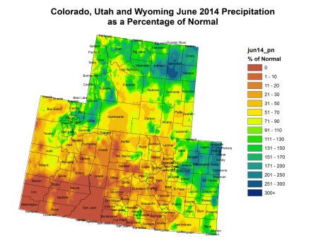 Upper Colorado River Basin June 2014 precipitation as a percent of normal via the Colorado Climate Center