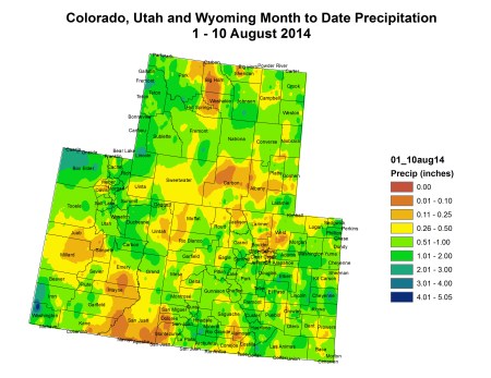 Upper Colorado River Basin month to date precipitation August 1 to August 10, 2014 via the Colorado Climate Center