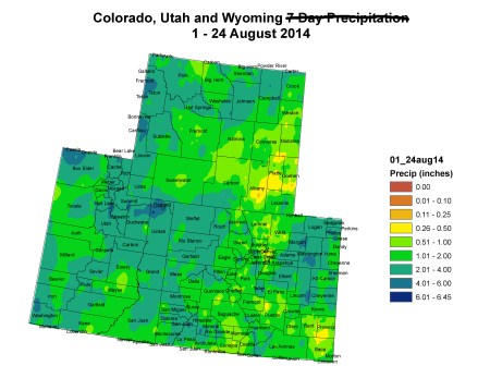 Upper Colorado River Basin month to date precipitation August 24, 2014 via the Colorado Climate Center