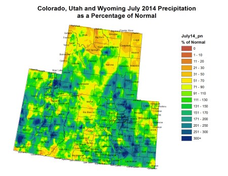 Upper Colorado River Basin precipitation as a percent of normal July 2014 via the Colorado Climate Denver