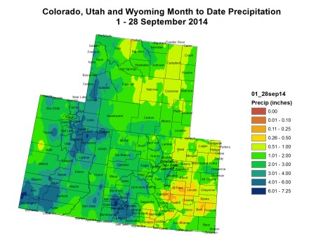 Upper Colorado River Basin month to date precipitation thru September 28, 2014