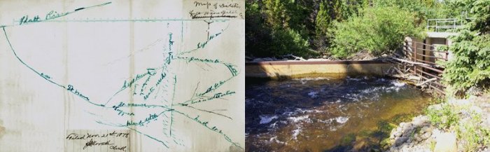 Above, left: This hand drawn map is one of the original documents of Coffin V Left Hand Ditch, at the Colorado State Archives. A few original documents from the Coffin V Left Hand case can be seen at the Colorado State Archives, filed under case #885, #1103 and #1203.  Above, right: The headgate of the Left Hand Ditch on the South St. Vrain, where the famous confrontation took place.