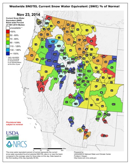 Westwide Snotel  Current Snow Water Equivalent (SWE) percent of normal November 23, 2014