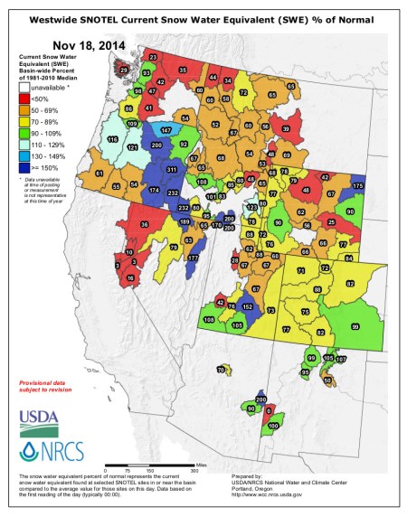 Westwide SNOTEL snow water equivalent as a percent of normal via the NRCS