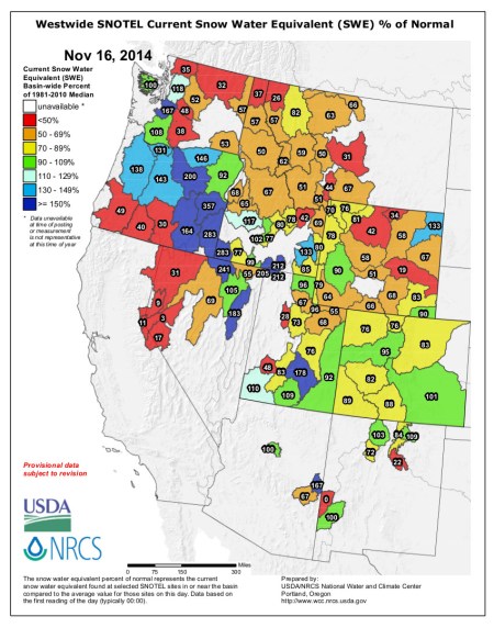 Westwide SNOTEL current snowwater equivalent (SWE) percent of normal November 16, 2014