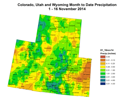 Upper Colorado River Basin  month to date precipitation November 1 thru 16, 2014 via the Colorado Climate Center