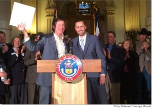 Governor Hickenlooper and James Eklund at the roll out of the Colorado Water Plan December 11, 2014 via The Durango Herald