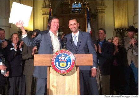 Governor Hickenlooper and James Eklund at the roll out of the Colorado Water Plan December 11, 2014 via The Durango Herald