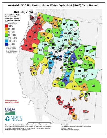 Westwide SNOTEL snow water equivalent as a percent of normal December 26, 2014 via the NRCS