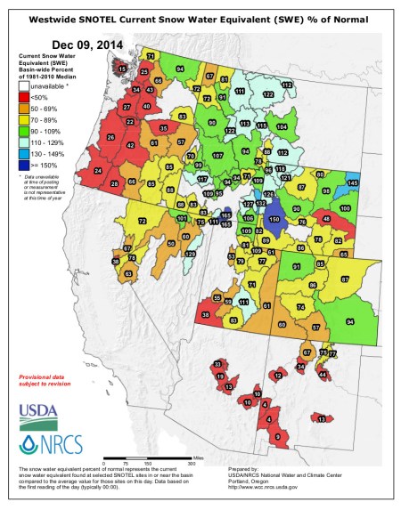 Westwide SNOTEL snow water equivalent as a percent of normal December 9, 2014