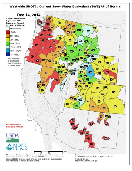 Westwide SNOTEL snow water equivalent as a percent of normal December 14, 2014