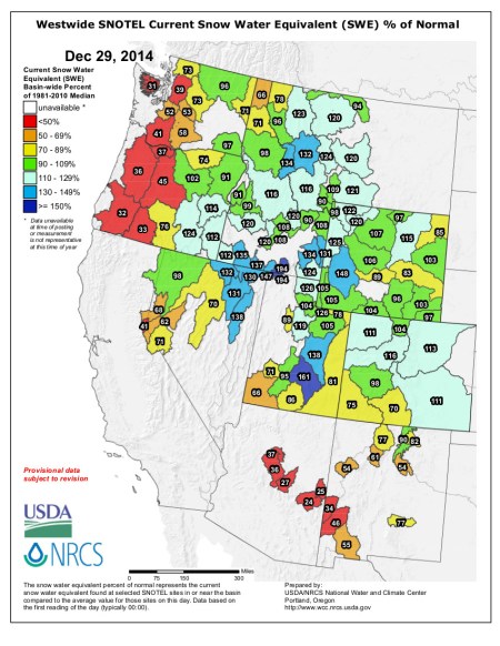 Westwide SNOTEL snow water equivalent as a percent of normal December 29, 2014