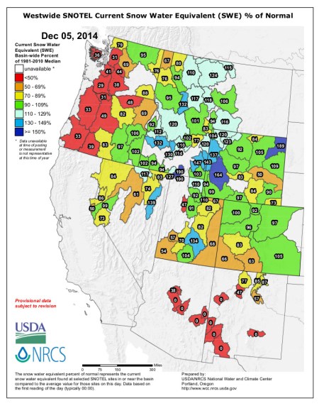 Westwide snow water equivalent as a percent of normal December 5, 2014