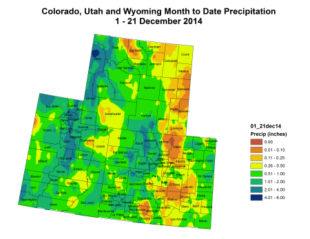 Upper Colorado River Basin precipitation December 1 thru December 21, 2014